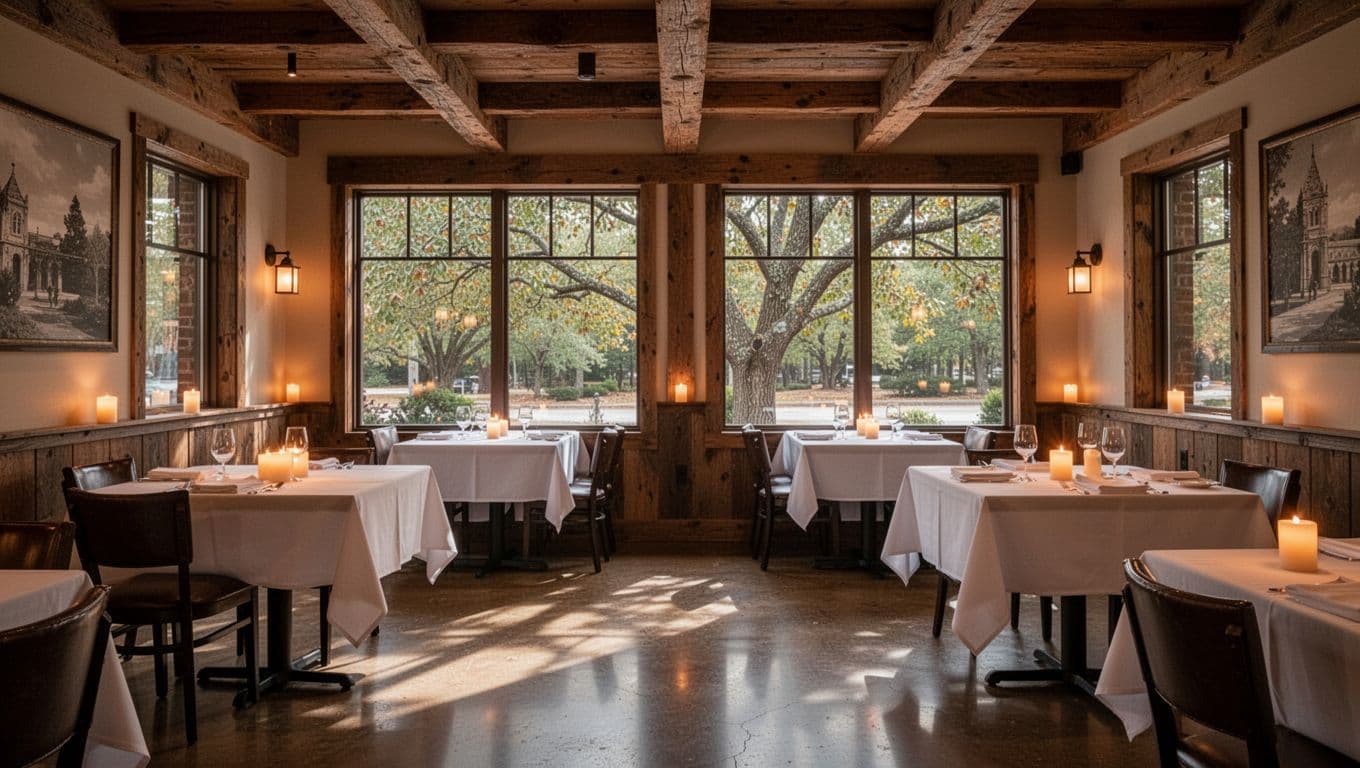 Four empty candlelit tables with white cloths under wooden beams, large windows to trees, top green band with 'Dining Atmosphere'.