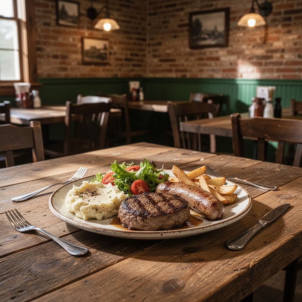 A rustic table set with a meal inside a warm and inviting Alabama restaurant.