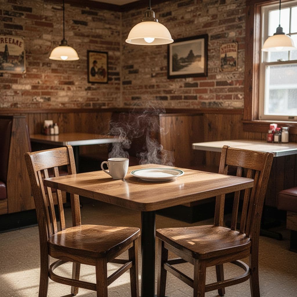 A rustic diner features wooden tables and warm lighting inside a quiet rural setting.