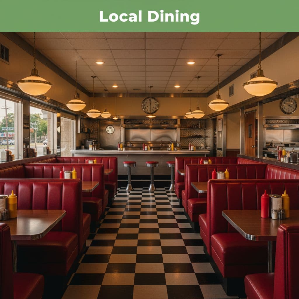 A classic diner interior features checkered floors, vinyl booths, and warm lighting with a Local Dining header.