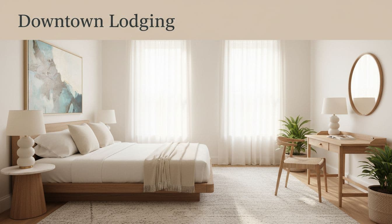 A cozy hotel room featuring light wood furniture, a neutral color palette, and soft ambient lighting.