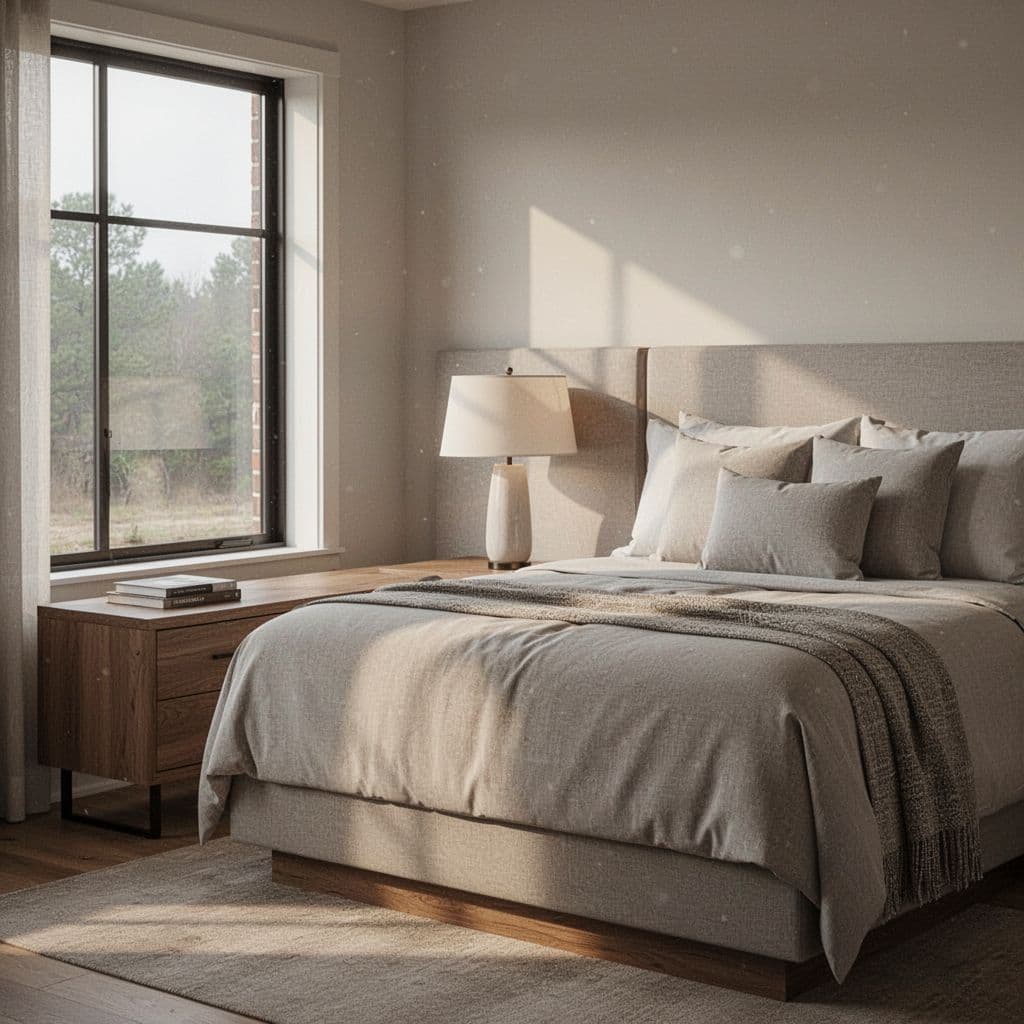 A modern, sunlit boutique hotel room featuring neutral bedding and minimal wooden furniture.