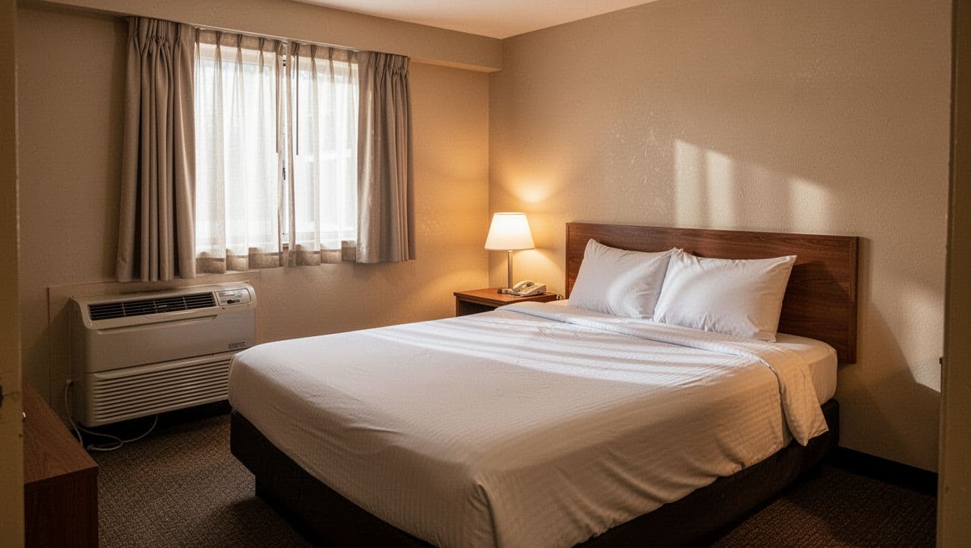 Simple queen bed with clean linens, nightstand lamp, AC unit, curtained window in neutral tones under warm light, topped with Room Basics header.