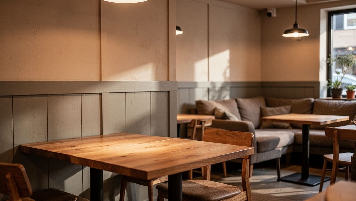A soft-lit dining area features simple decor and blurred seating with Casual Bites branding.