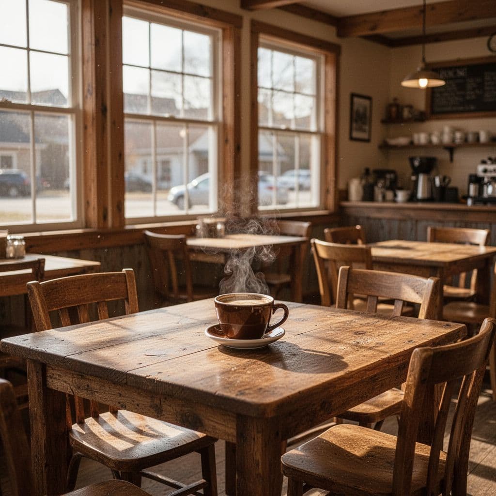 A bright rustic cafe interior features wooden tables and simple seating for a welcoming dining atmosphere.