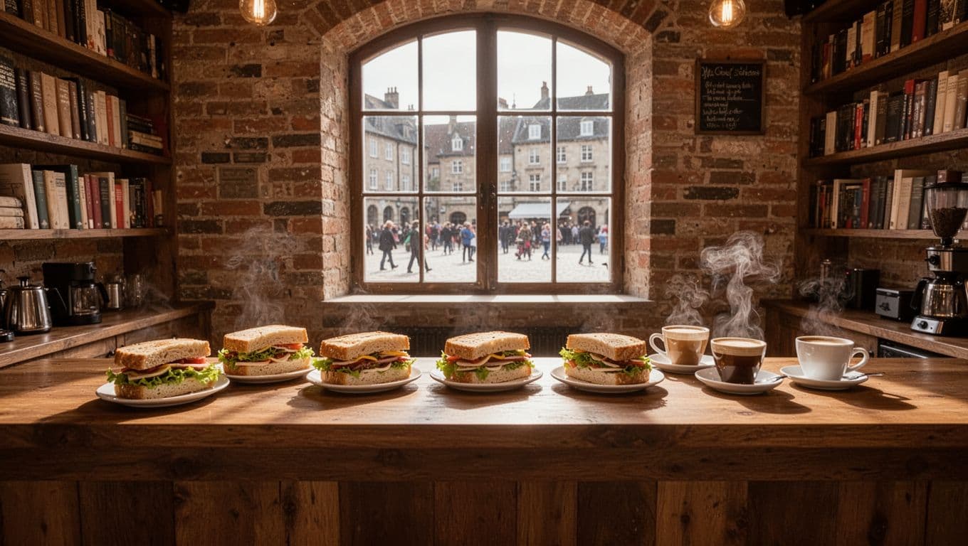 Cozy coffee shop interior in historic brick building shows counter with sandwiches and coffee, bookshelves, town square window view, and green 'LOCAL FAVORITES' headline.