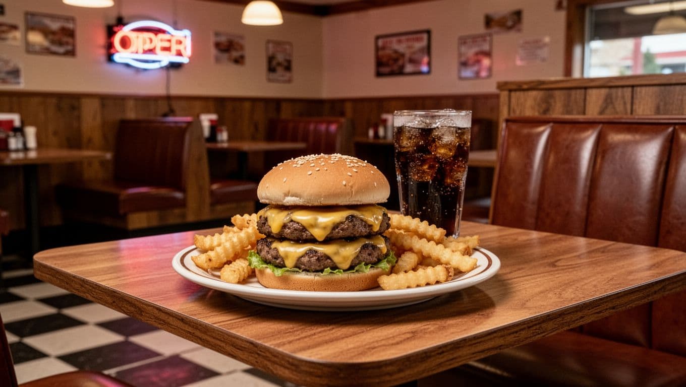 Cozy diner interior with wooden table holding double cheeseburger, crinkle fries, soda under green Top Spot headline band.