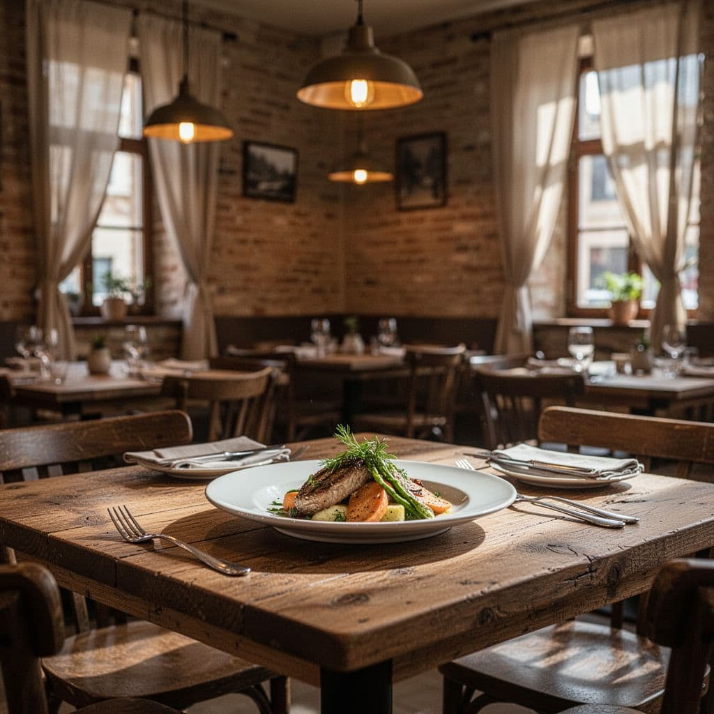A rustic wooden restaurant table set for a meal under warm, inviting indoor lighting.