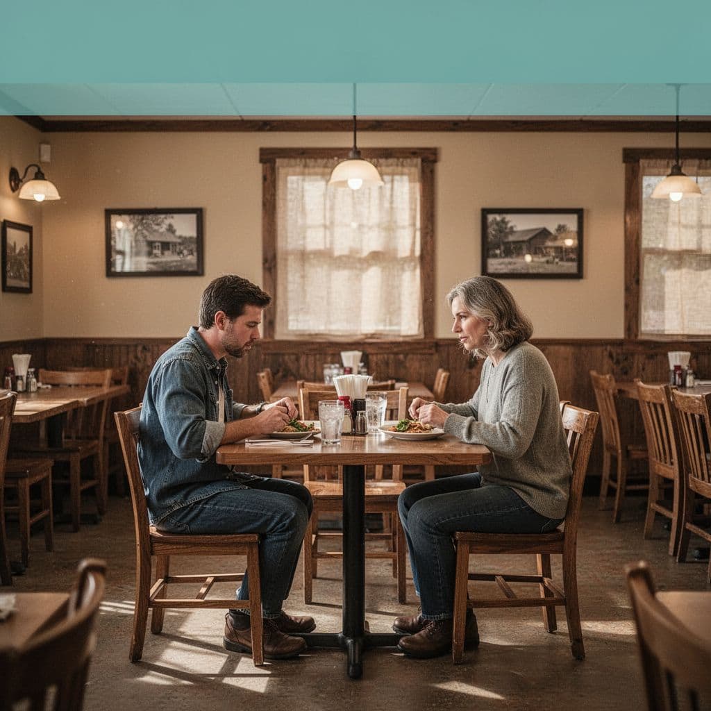 A couple dines at a wooden table in an intimate, warmly lit rural restaurant.