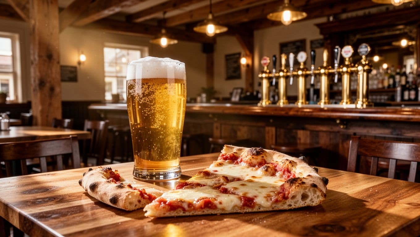 Cozy pub interior with wooden bar, craft beer taps, fresh pizza slice and beer glass on table under warm golden lighting, green 'Top Pick' band at top.