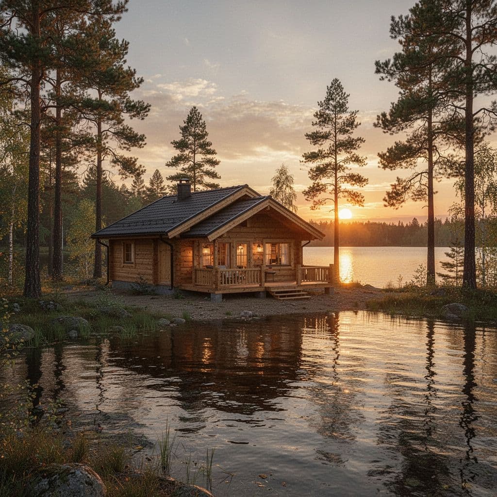 A rustic cabin sits peacefully along the shore of Guntersville Lake during a golden sunset.