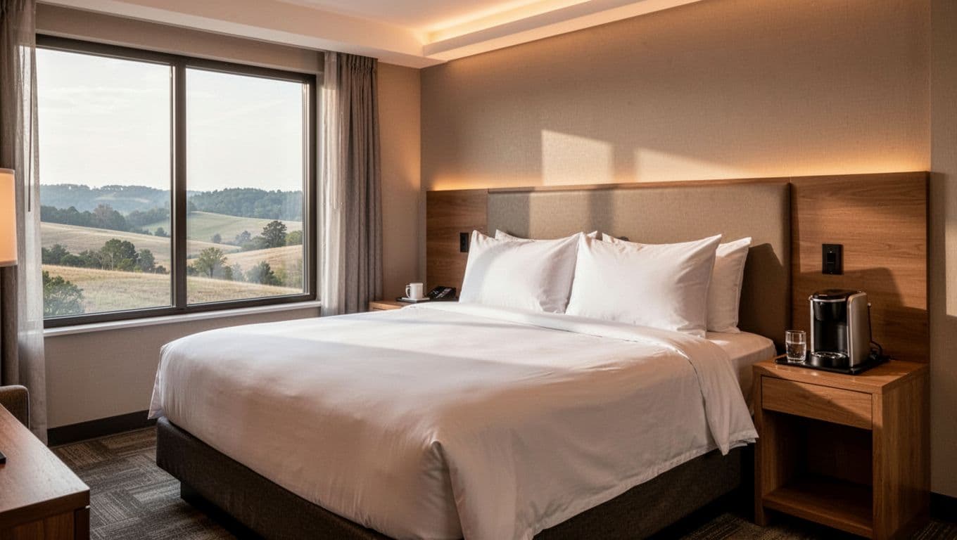 Cozy hotel room with king bed, coffee maker, amenities table, and Alabama countryside window view, topped by green 'Room Comfort' header band.