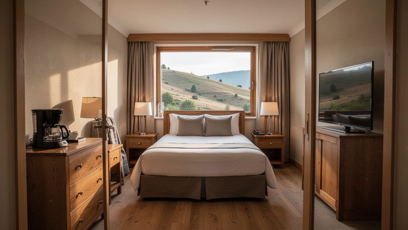 Cozy hotel room from doorway with centered bed, two nightstands, hills-view window, TV and coffee maker on dresser, warm lighting, green top band with Room Comforts headline.