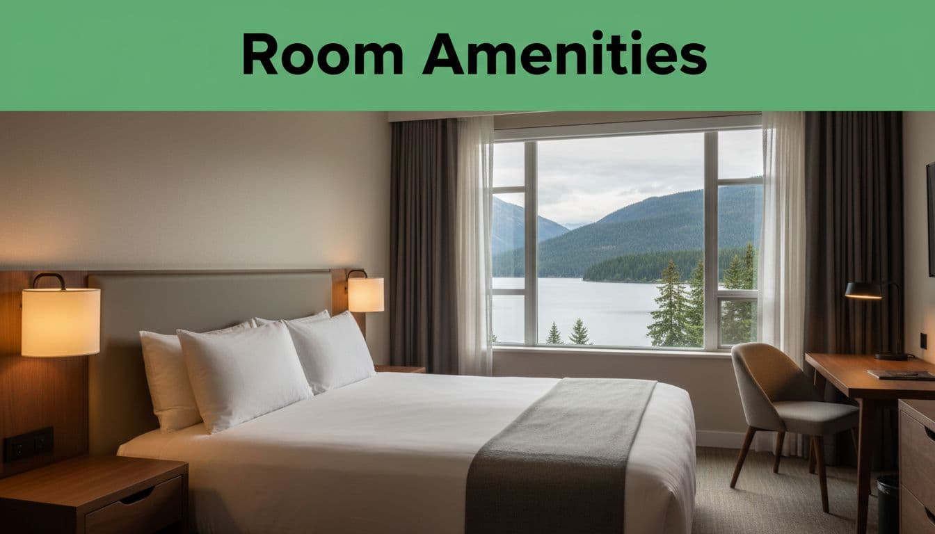 Cozy hotel room with queen bed, clean linens, lamp, desk, and lake-view window under green 'Room Amenities' headline band.