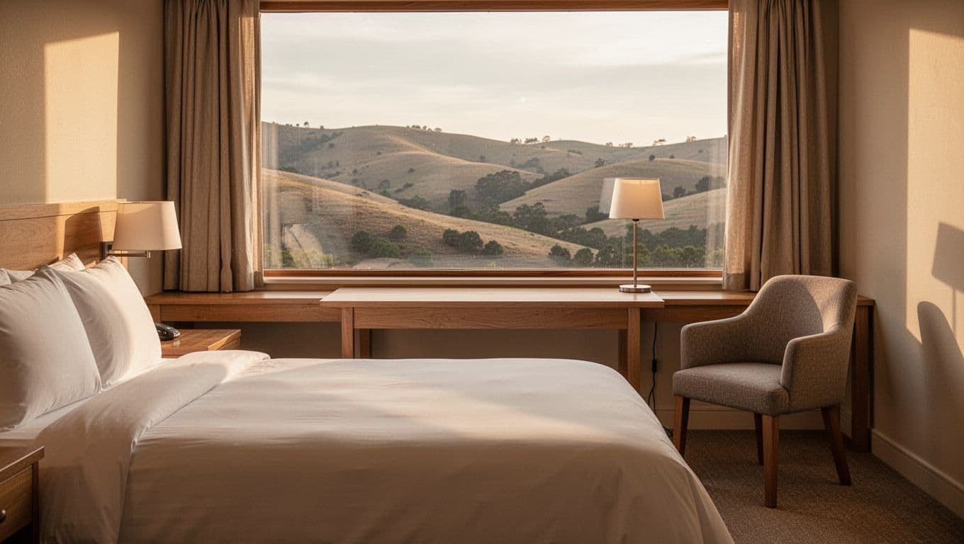 Cozy hotel room with bed, desk, lamp, chair, and window overlooking hills, topped by green 'Hotel Comfort' headline band.