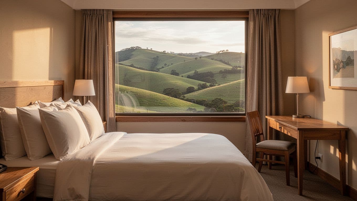 Cozy hotel room with queen bed, large window to green hills, wooden desk and chair, under green 'Key Amenities' banner.