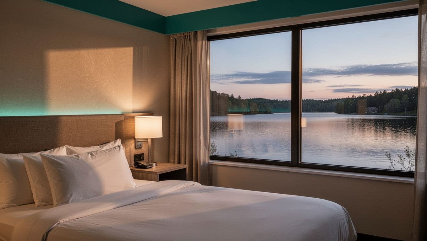 Cozy modern hotel room from corner with bed, nightstand, lake view window, evening soft lighting, and green 'Nearby Stays' banner at top.