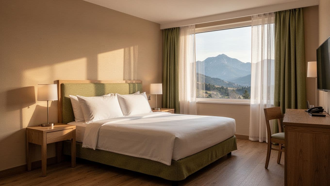 Cozy hotel room with centered bed, nightstands, desk, and mountain-view window under soft light, topped by green 'COMFORT ROOMS' header band.