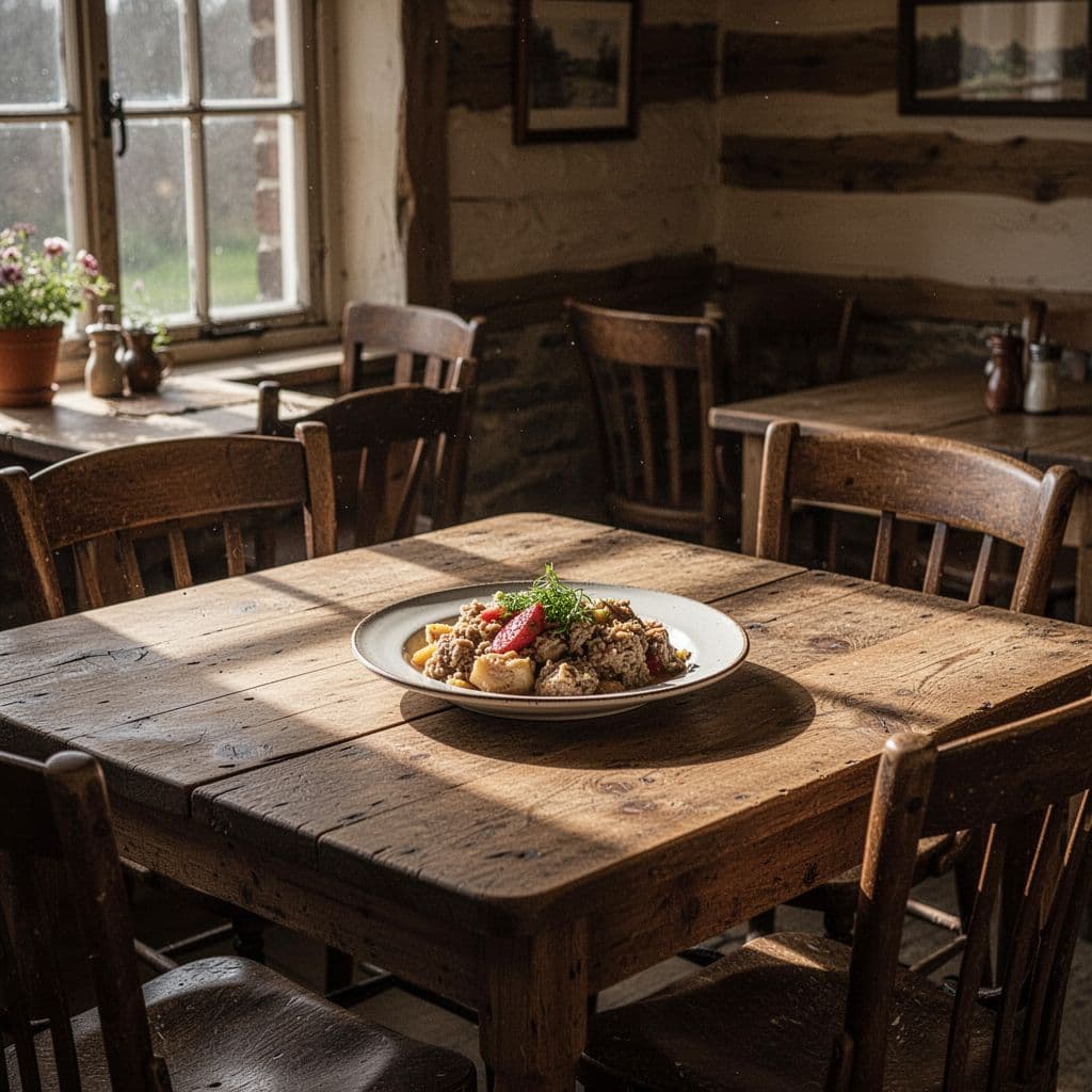 A plate of home-cooked food sits on a wooden table inside a rustic, sunlit country cafe.