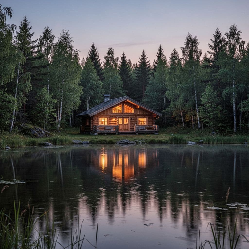 A wooden cabin with warm glowing lights sits beside a calm lake under a twilight sky.