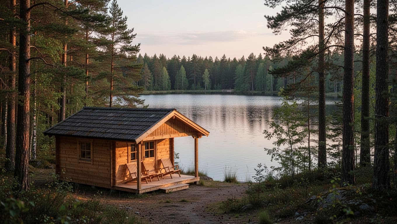 Wooden cabin with porch chairs in woods, lake in background, evening light, 'Lake Cabins' green headline band above.