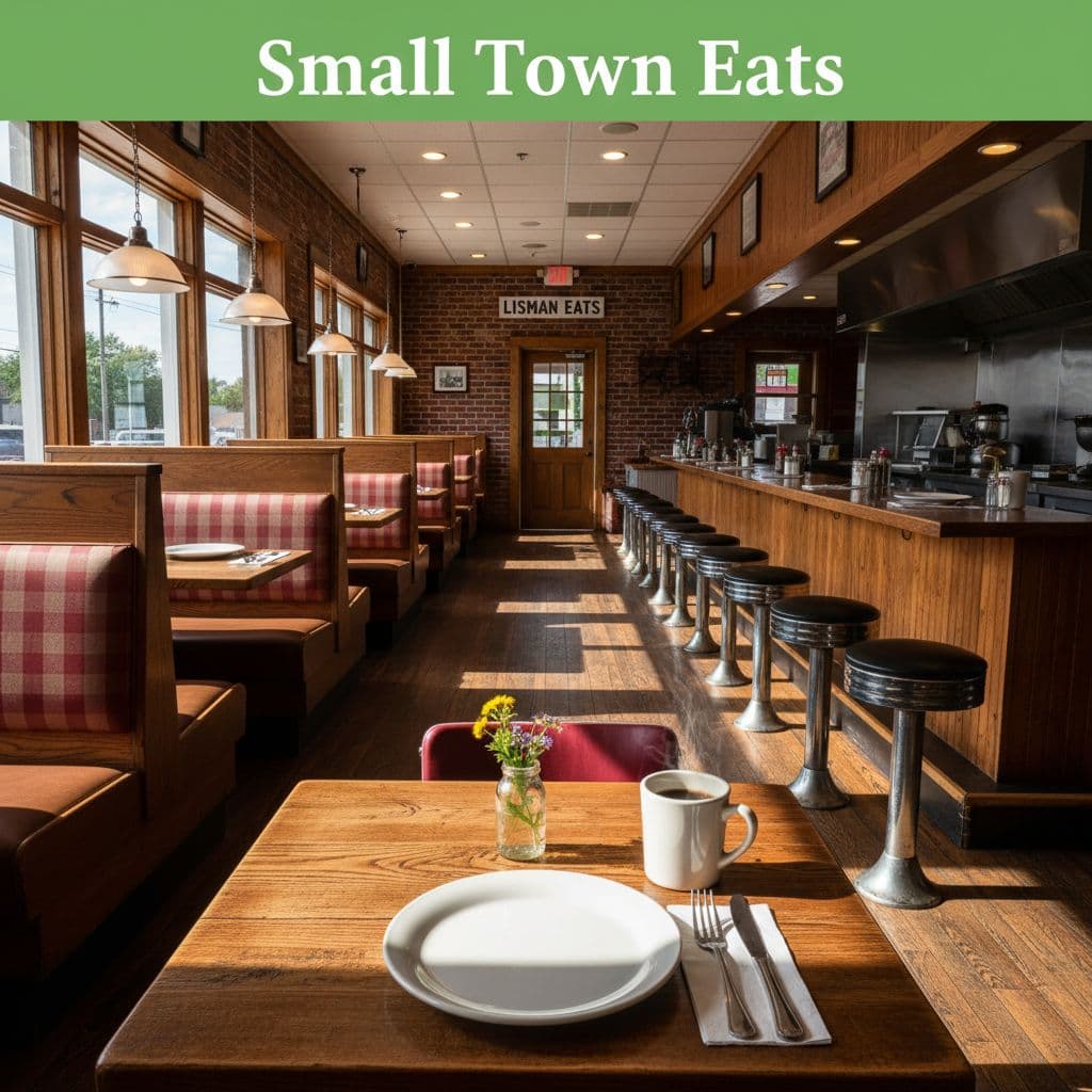 A rustic diner featuring wooden booths and a clean table setting under a green headline banner.