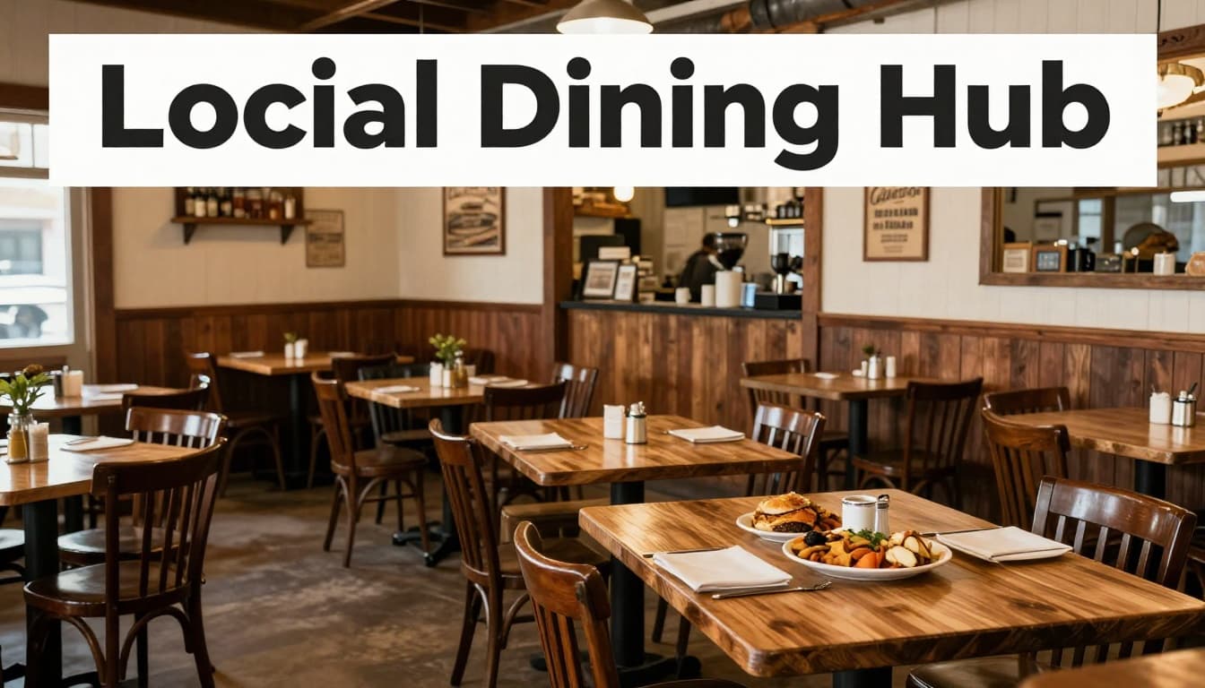 A classic plate of food rests on a wooden table inside an inviting, warmly lit local diner.