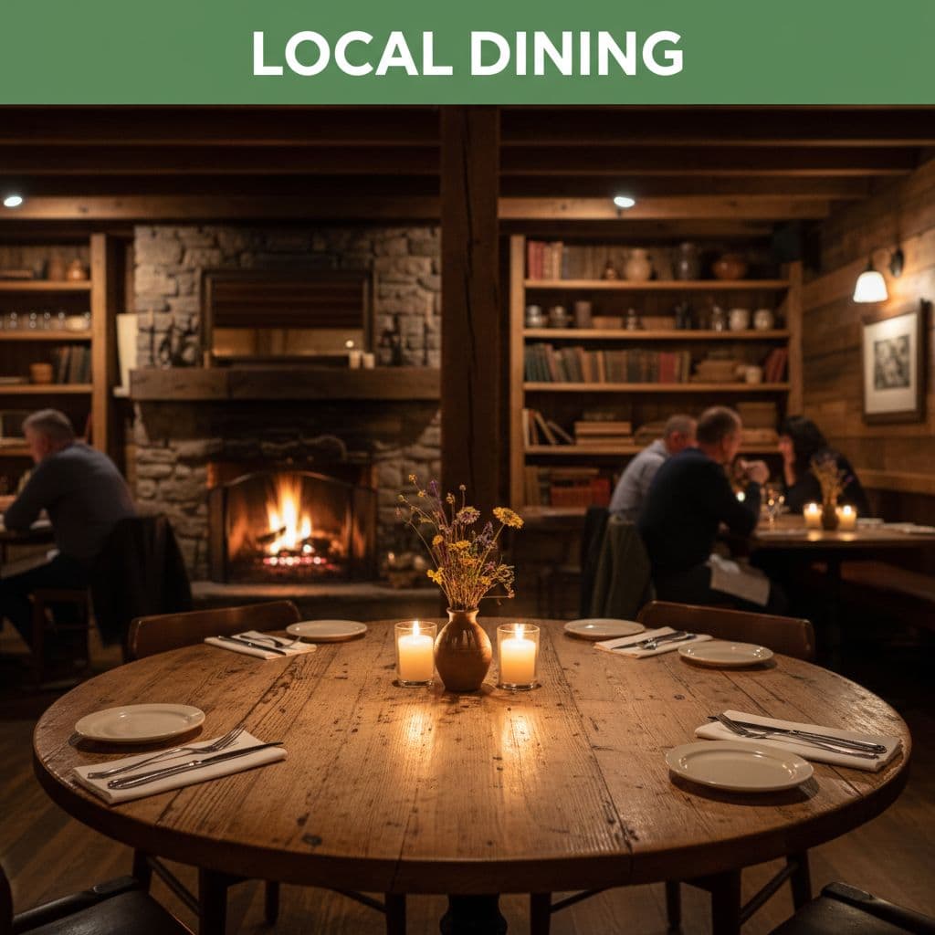 A rustic dining table set with classic cutlery in a warm and inviting restaurant interior.