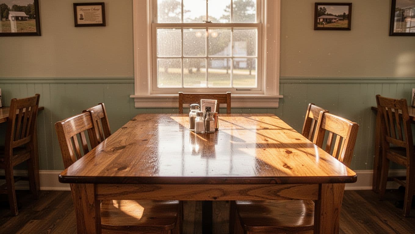 A sunlit restaurant interior in rural Alabama features wooden tables and simple, classic decor.