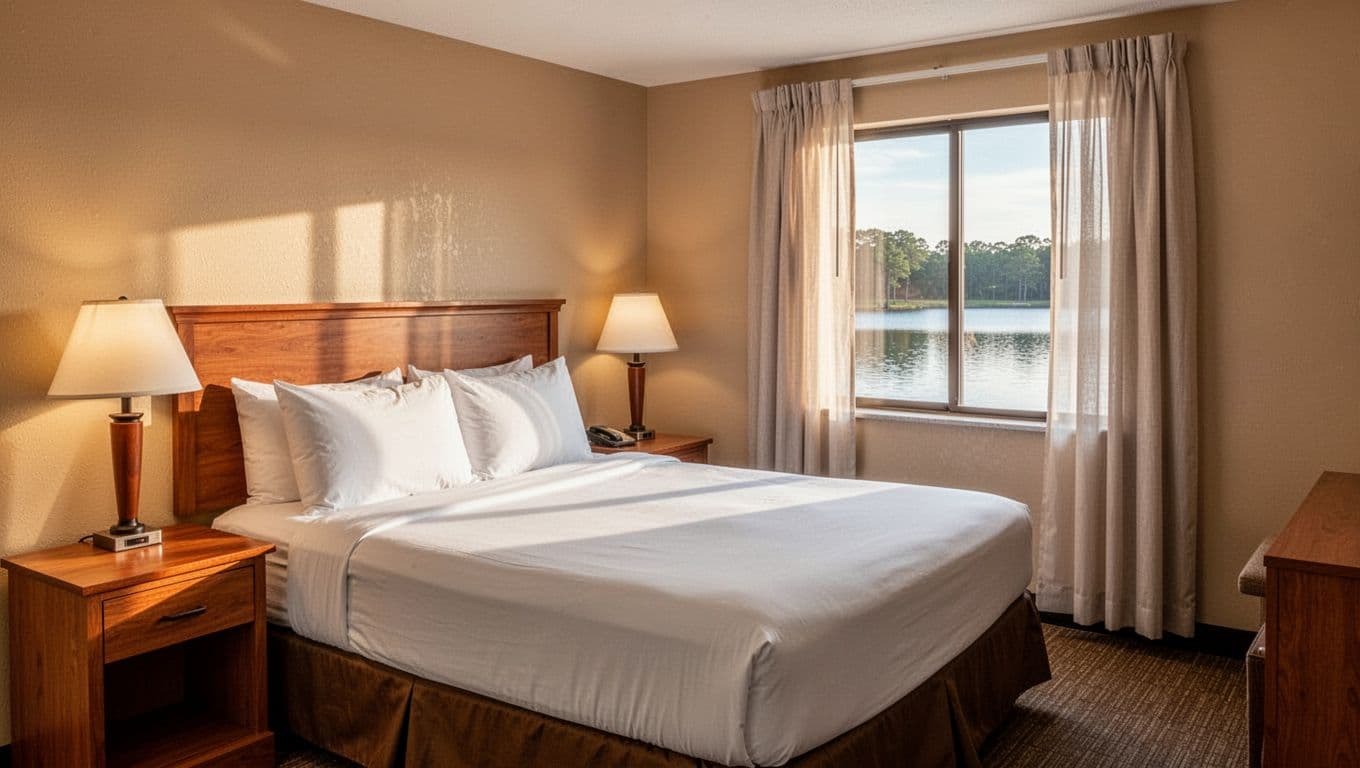 Queen bed with clean linens, wooden nightstand lamp, curtained lake view window in neutral tones, green Room Comfort banner at top.