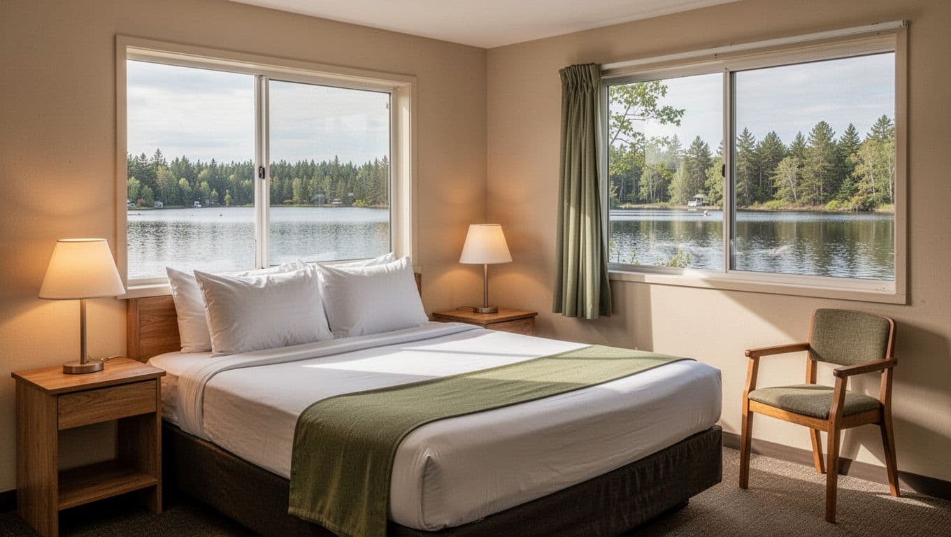 Simple motel room with neatly made queen bed, wooden nightstand, lamp, chair, and window view of lake trees; green 'Cozy Room' headline band at top.