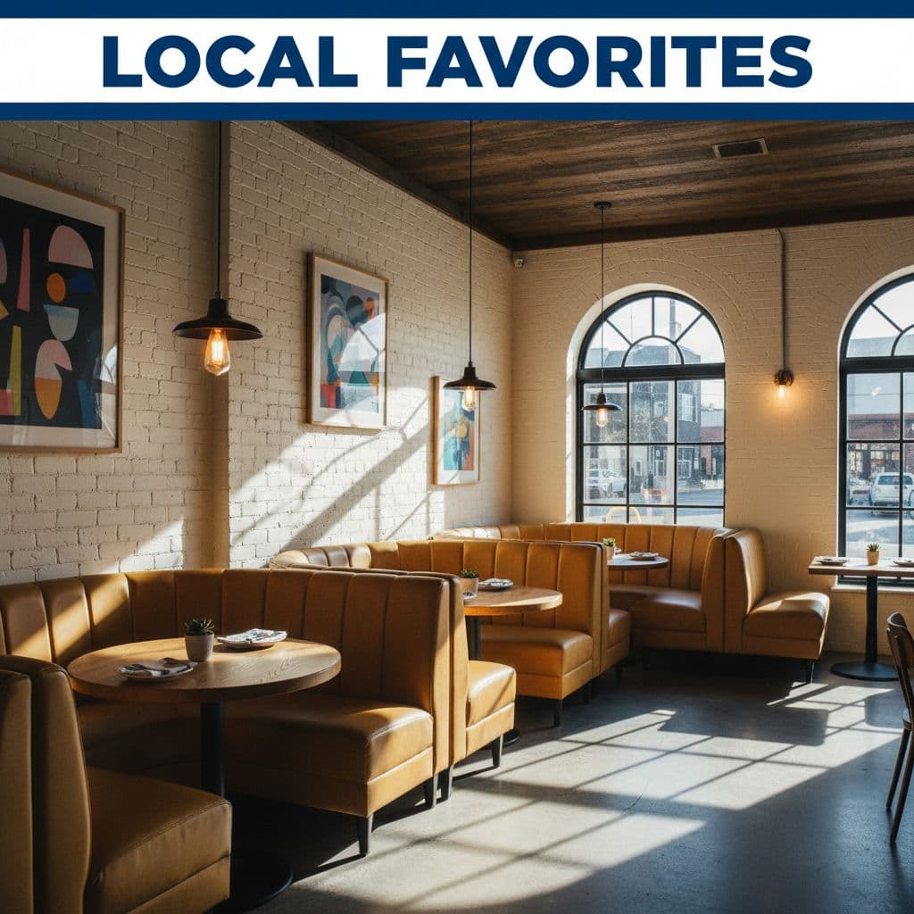 A bright and casual restaurant interior with cozy booth seating and warm light.