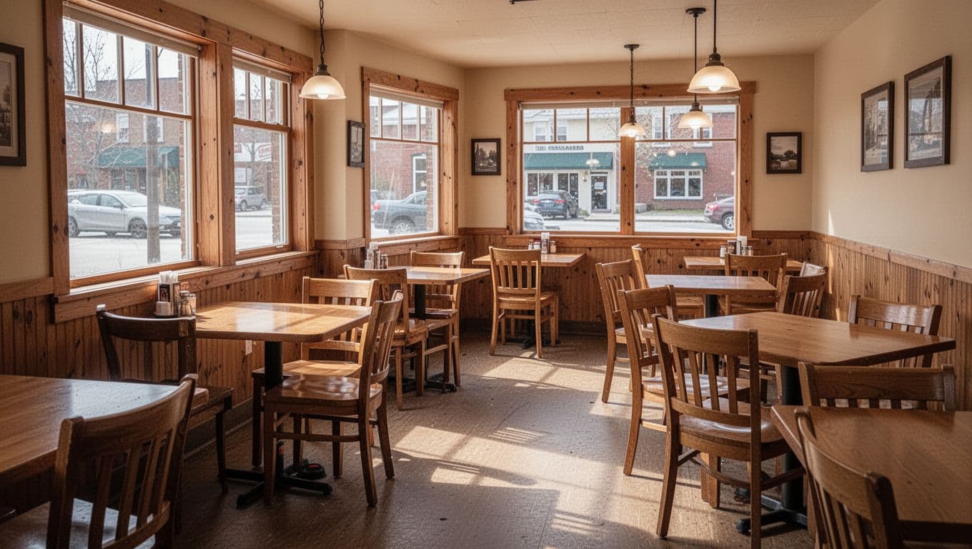 Well-lit restaurant with simple wooden tables and chairs, green 'Local Eats' headline band at top.