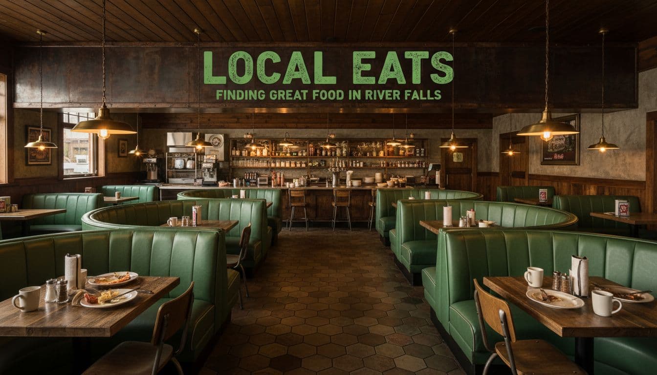 A classic American diner features comfortable vinyl booths and wooden tables under warm interior lighting.