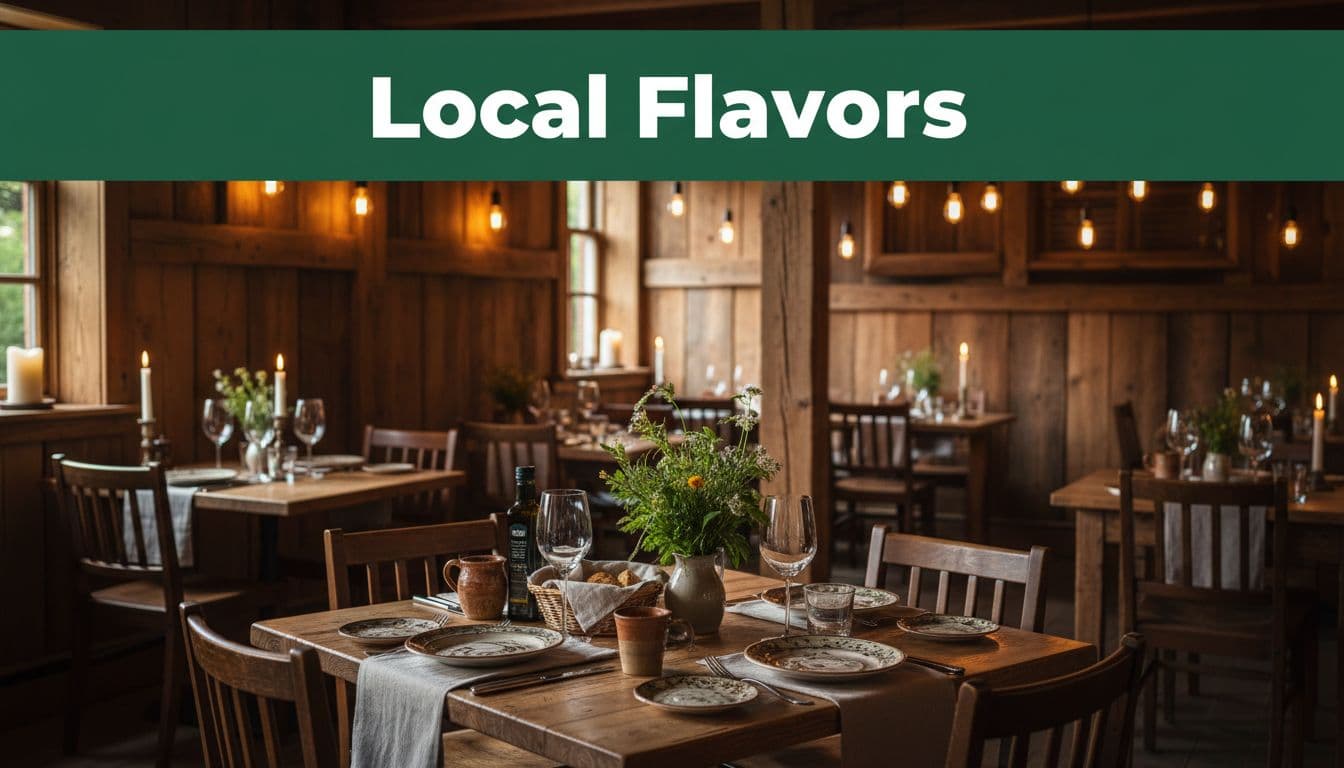 A neatly set table in a warm rustic restaurant featuring a Local Flavors banner.