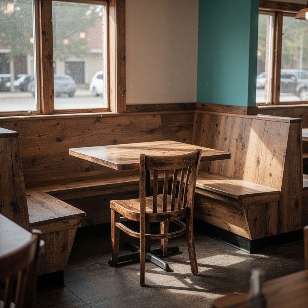A sunlit diner interior features wooden tables and chairs arranged in a simple, orderly setting.