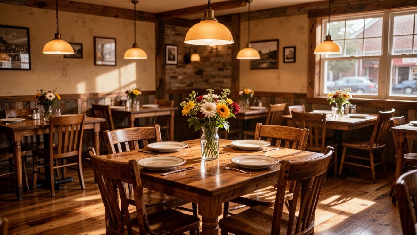 A warm, inviting restaurant dining room featuring rustic wooden furniture and soft overhead lighting.