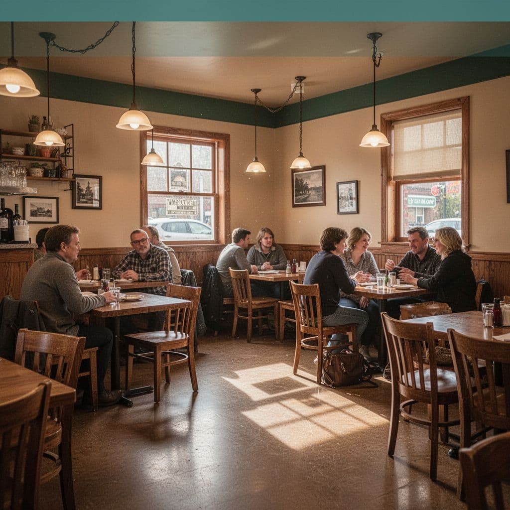 A warm, inviting small-town restaurant interior featuring wooden furniture and soft, ambient lighting.