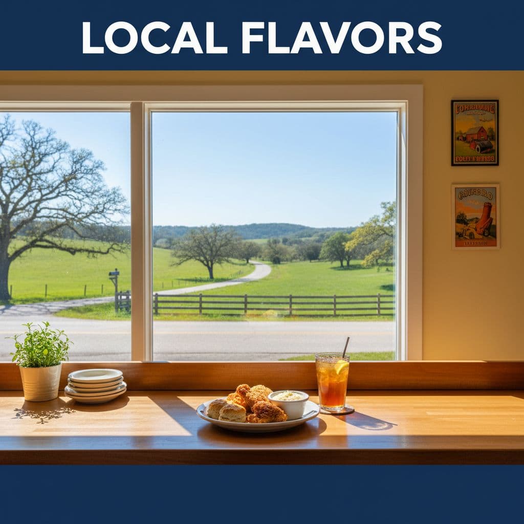 An inviting diner interior features bright natural light and scenic rural views through a large window.
