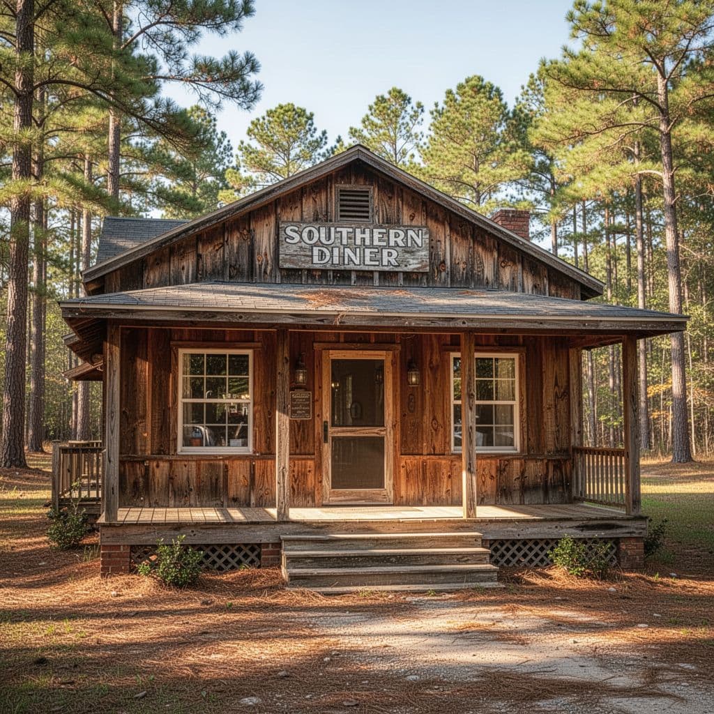Wooden exterior of cozy Southern diner with screen door entrance in sunny daylight, green band with 'Southern Comfort' at top.
