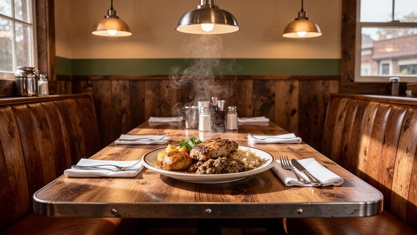 A neatly set table with home-cooked food inside a rustic diner with warm lighting.