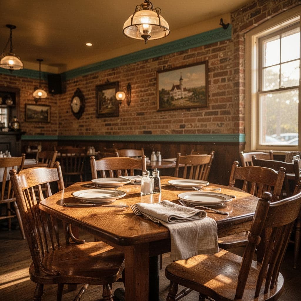 A warm restaurant interior features wooden furniture and a green banner with the text Classic Dining.