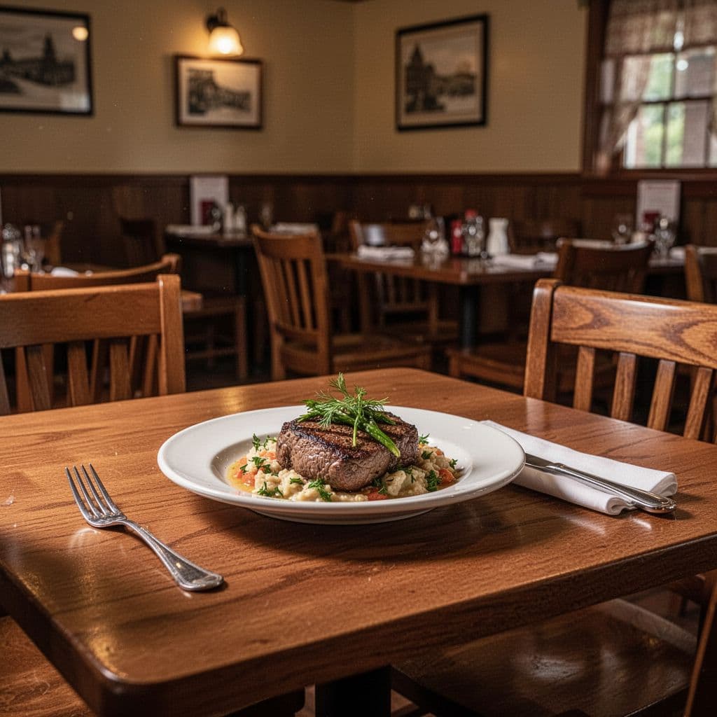 Dining table set for a meal with focused main plate on wooden furniture under warm lighting, green 'Local Dining' band at top.