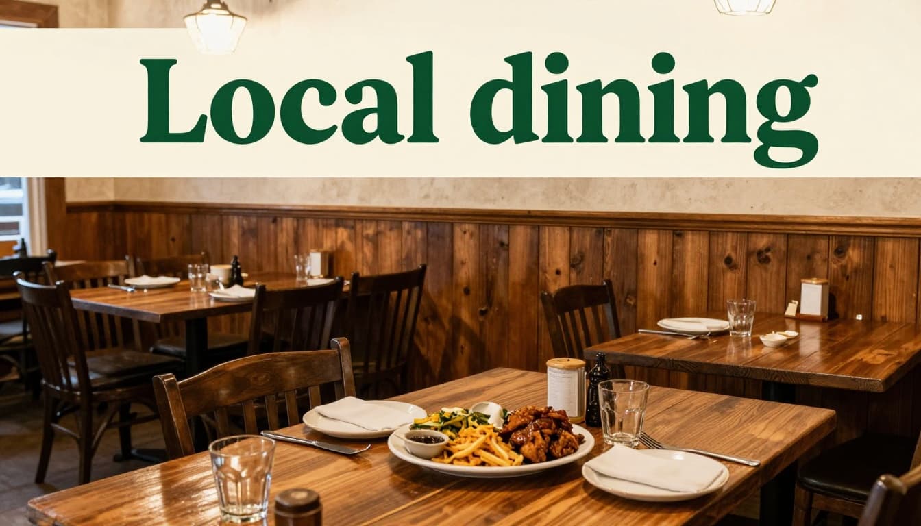 A rustic restaurant interior features a plate of classic Southern food served on a wooden dining table.