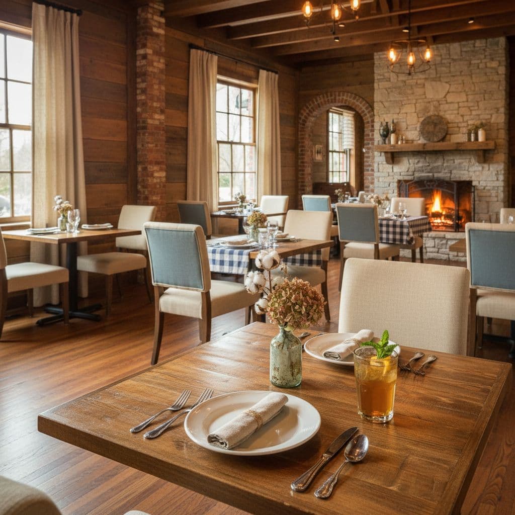 A rustic wooden dining table sits empty in a warm and inviting Southern-style restaurant.
