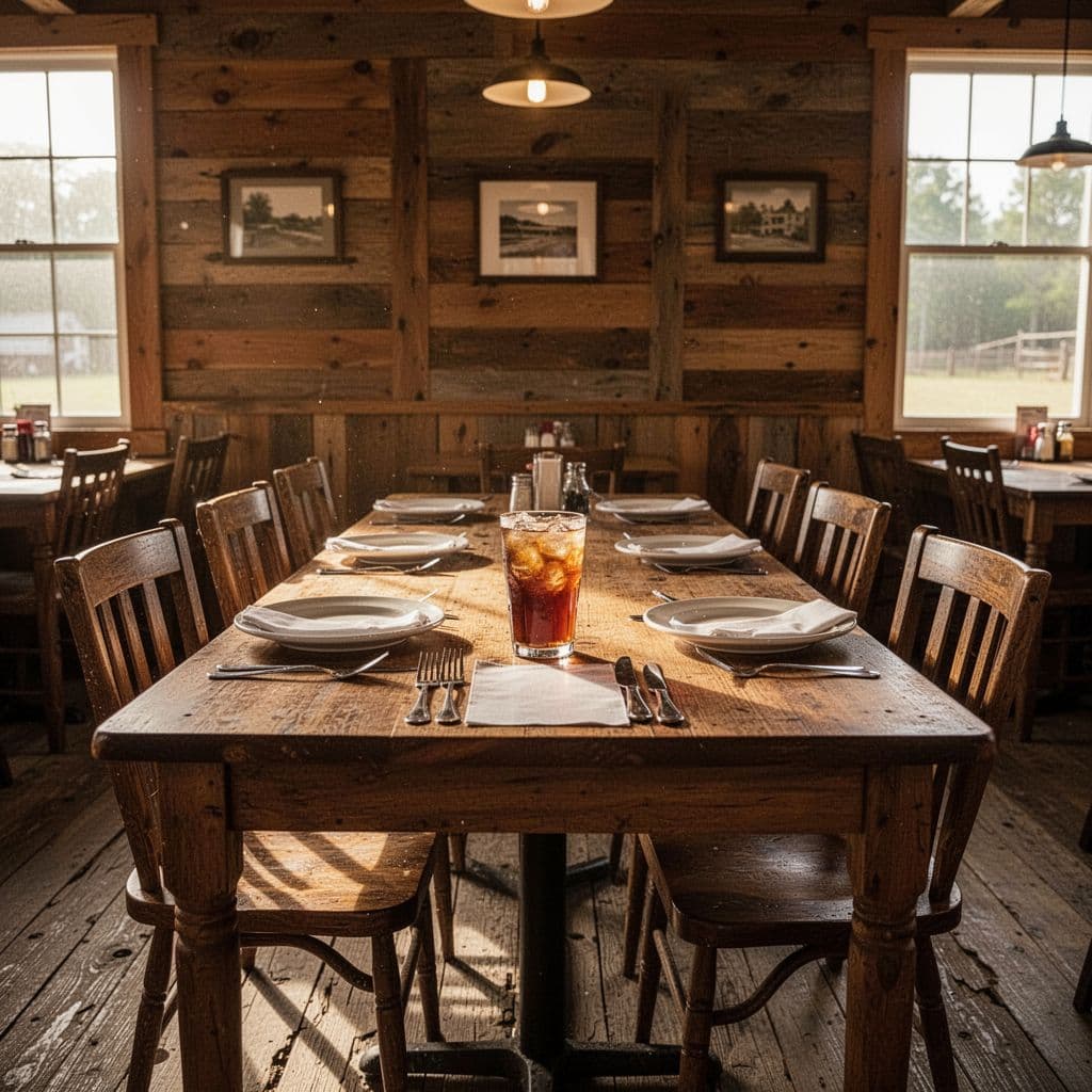 Sunlight streams across a wooden table inside a rustic Southern-style dining room.
