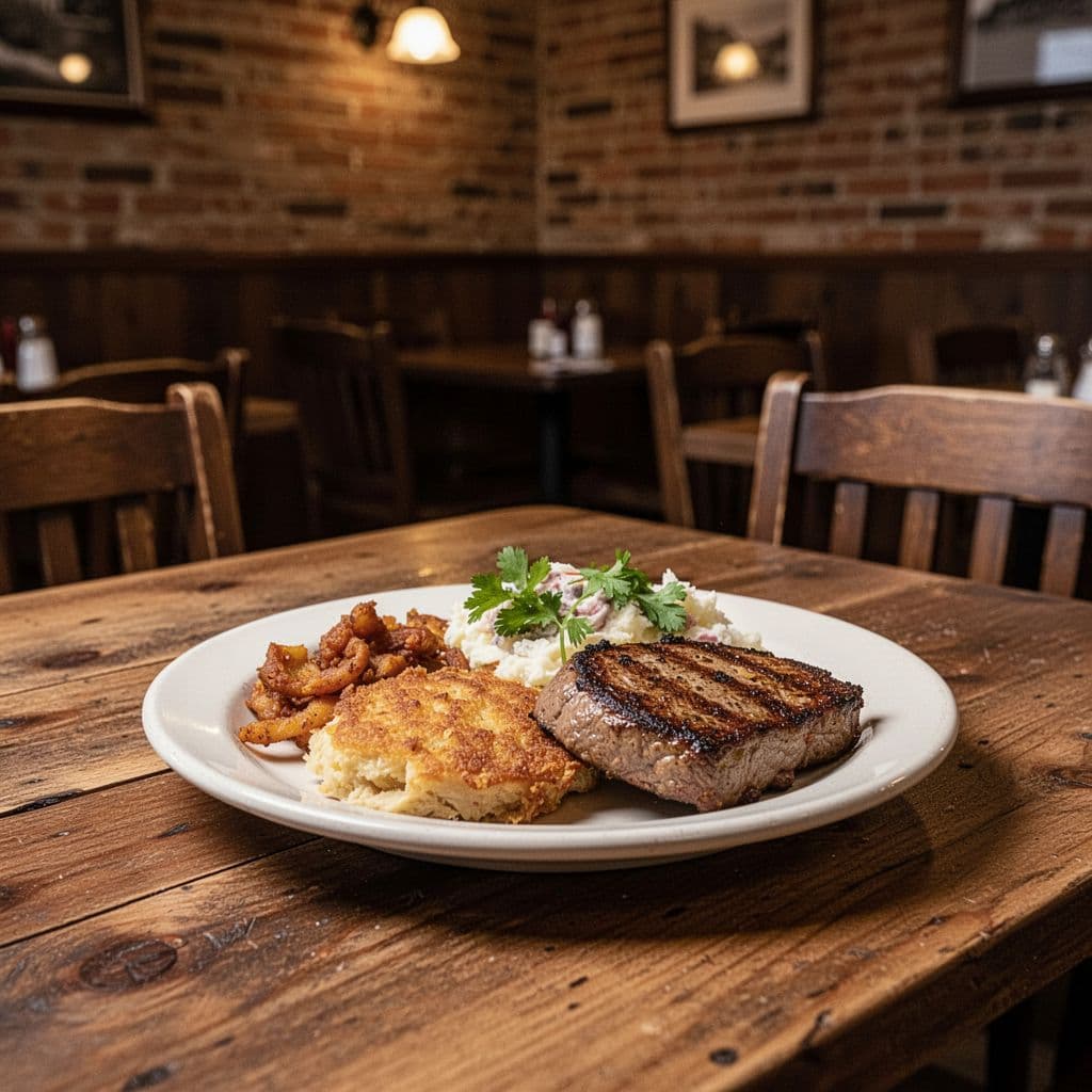 A cozy restaurant interior features wooden tables and plates of Southern food under warm lighting.