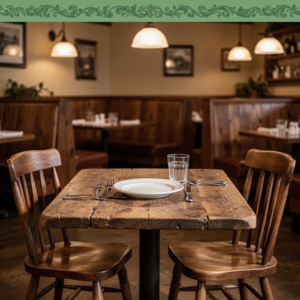 A single place setting sits on a rustic wooden table inside a warmly lit Southern restaurant.
