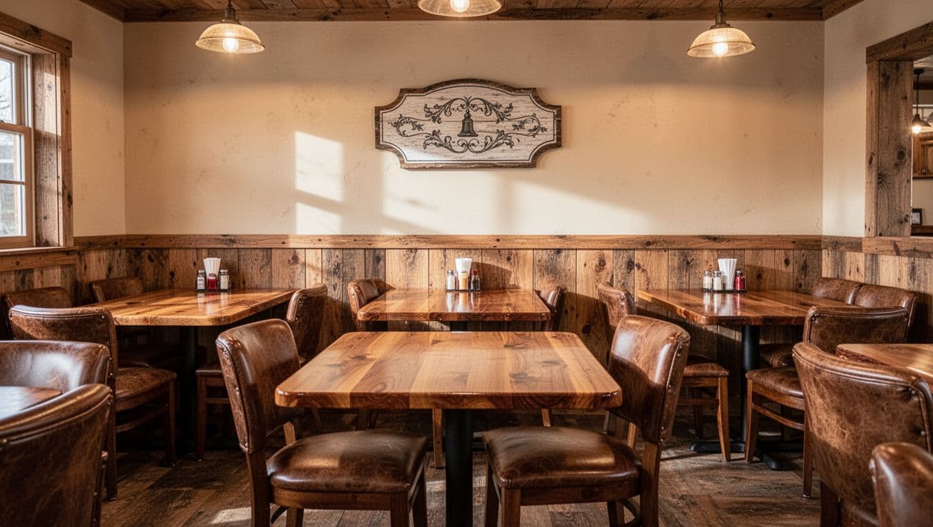 A rustic wooden dining room features tables and chairs in a warm, inviting setting.