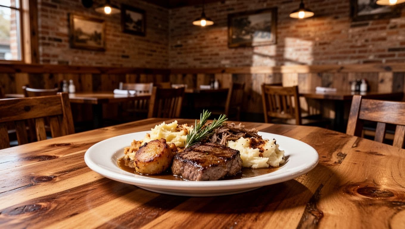 A rustic restaurant interior features warm lighting, wooden furniture, and a plate of comfort food.